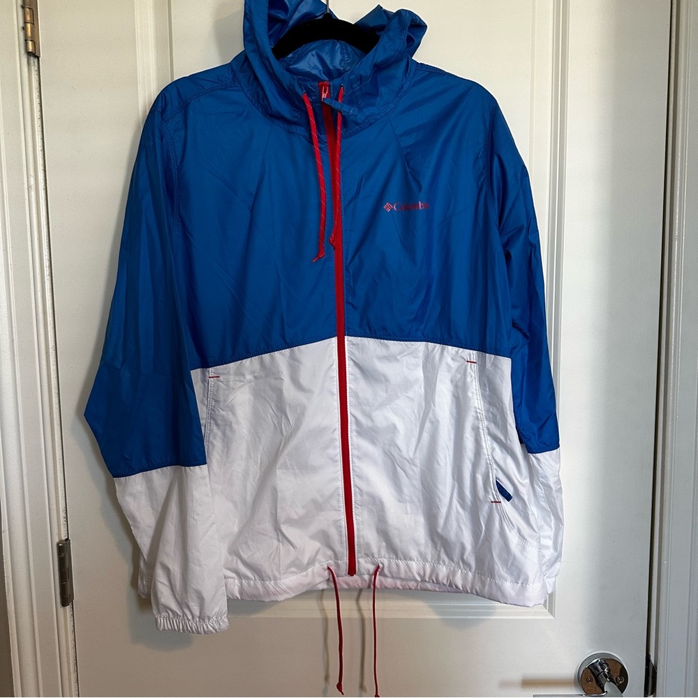 Columbia Blue & White Women’s Hooded Windbreaker with Red Accents